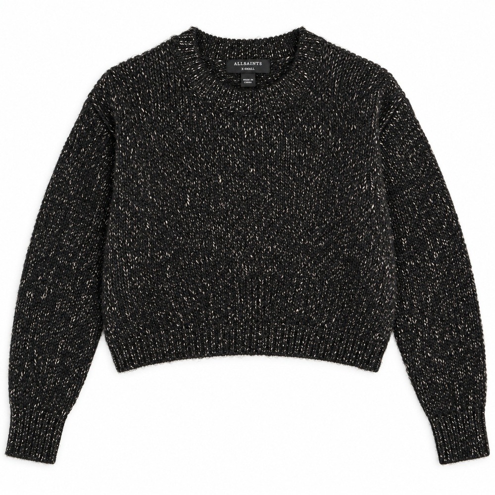 AllSaints Womens Black Silver Metallic Cropped Crewneck Sweater XS Sparkle Knit